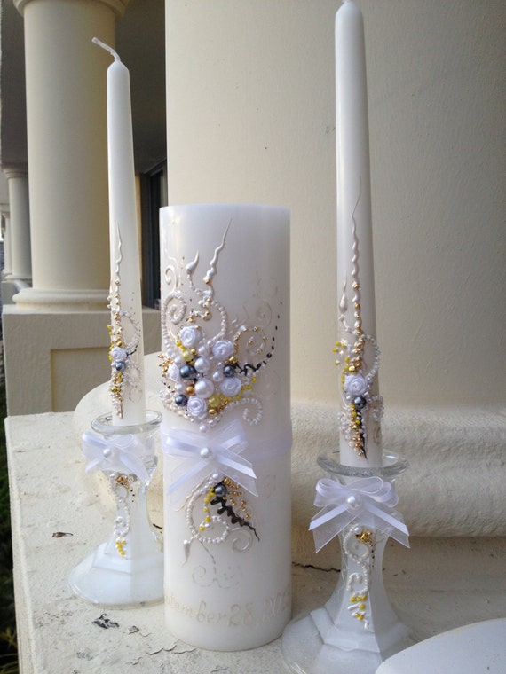 Elegant Wedding Unity Candle Set In White Grey Gold And