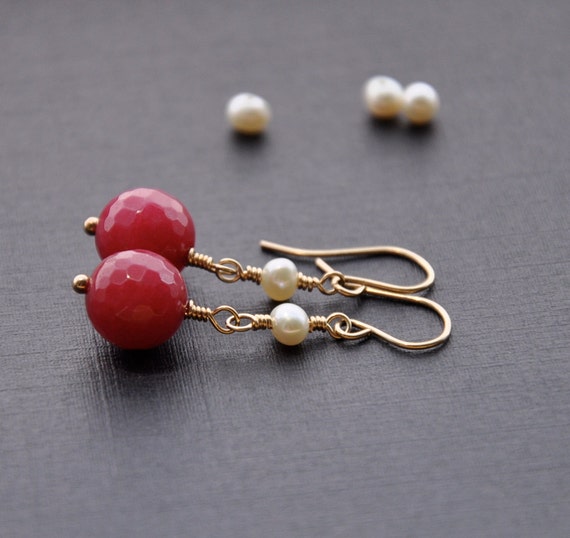 Ruby Earrings : Ruby Pearl Earrings, Wire Wrapped Earrings, Ruby Quartz ...
