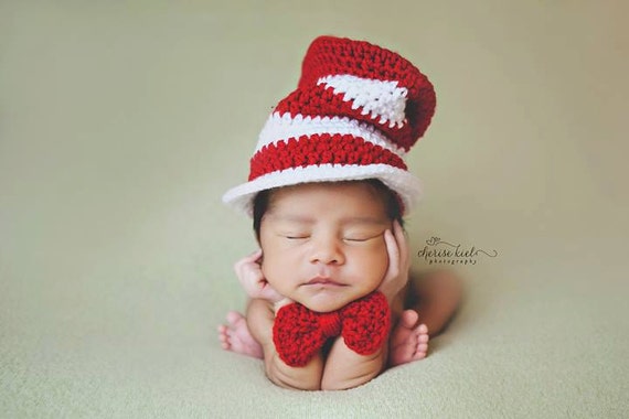 Cat in the Hat, Baby Hat and Bow Tie, Dr. Seuss Inspired, Boy or Girl, Red and White Striped, Top Hat, Newborn Photo Prop