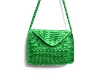 Satchel Crochet messenger bag, MOSS GREEN cotton Yarn, magnet button - listed to order