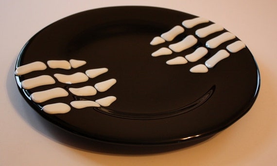 Halloween Fused Glass Plate Skeleton Hands 10 Round