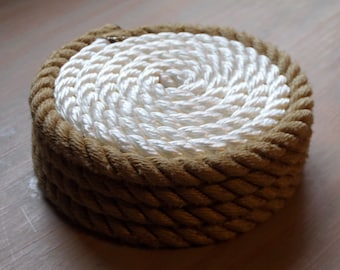 Set of 4 Rope Coasters Nautical Decor White with Tan Trim Beach