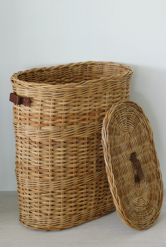 Vintage French Baguette Basket Tall Lidded Rustic Basket