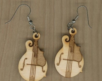 FREE SHIPPING - Mandolin Earrings - Laser Cut Wood (ER-022NN)