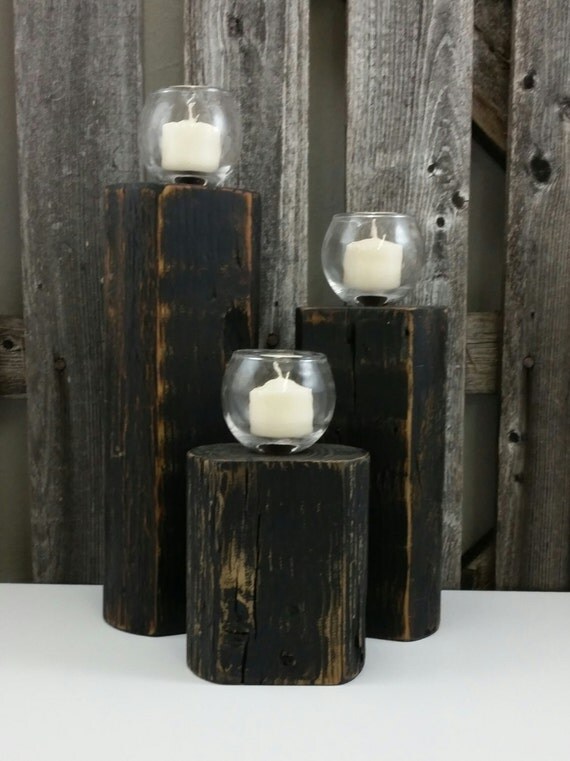Items similar to Candle holder, Rustic, distressed candle set of three