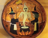 Halloween Art  Primitive Wood Bowl - Two Witches Cooking in a Cauldron - Ghosts Bats, Black Cats, Green Bubbles, Full Moon