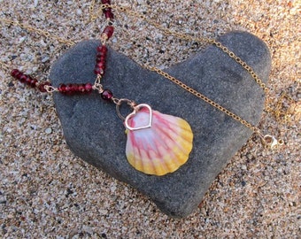 Sunrise Shell Necklace, Gold, Garnet, Heart, Valentines Day Gift ...