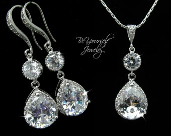 White Crystal Wedding Jewelry Teardrop Bridal Earrings Cubic Zirconia Bride Necklace Wedding Earrings Bridesmaid Gift CZ Wedding Necklace