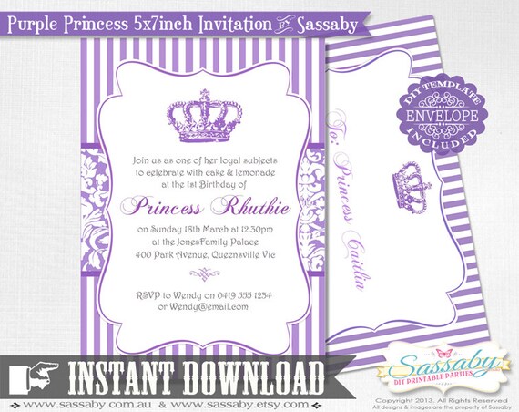 Princess Purple Party Invitation - INSTANT DOWNLOAD - Editable & Printable Birthday Invitation by Sassaby Il_570xn