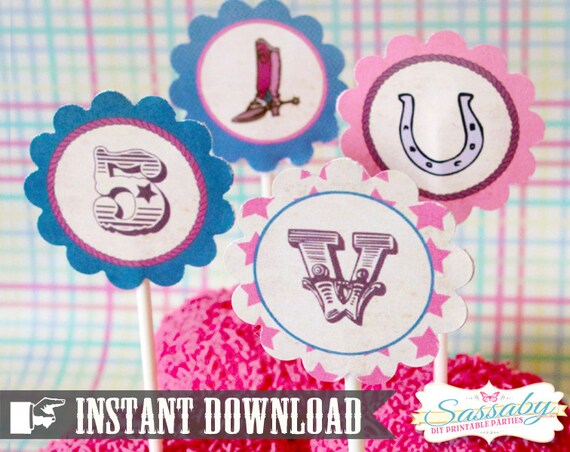 Cowgirl Party Circles/Cupcake Toppers - INSTANT DOWNLOAD - Editable & Printable Birthday Decorations by Sassaby Il_570xn