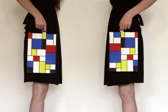 Red Blue Yellow Fold over clutch - women hand bag printed with Geometric squares pattern on it with Black zipper