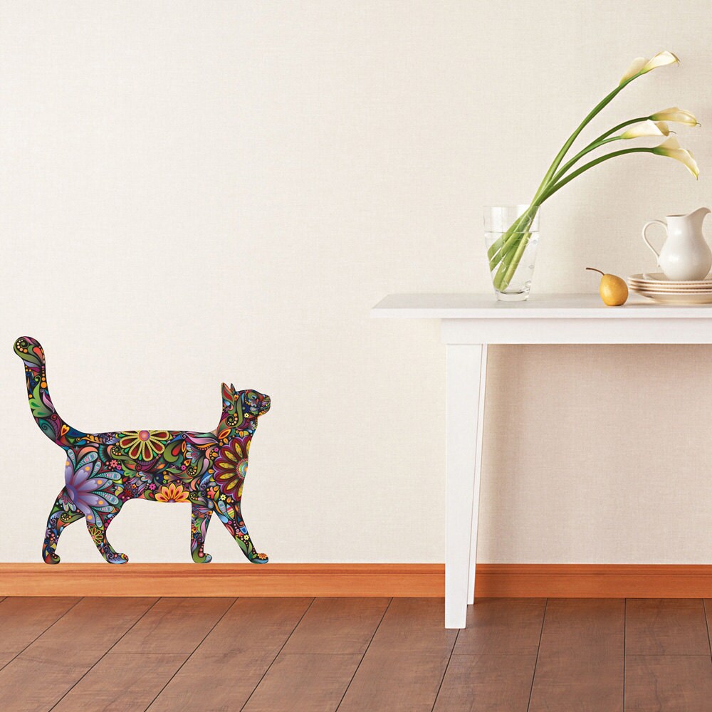 Walking Cat Wall Sticker Repositionable Floral Cat Wall