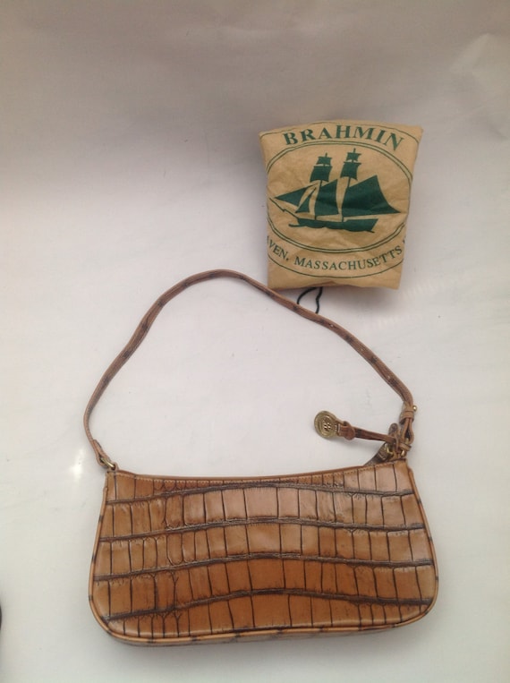 Vintage Brahmin Tan Croc Embossed Leather Demi Purse Handbag