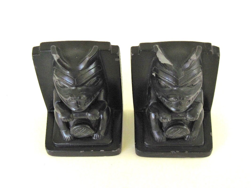 Tiki Book Ends Retro Hawaiian Bookends Black Plaster asis