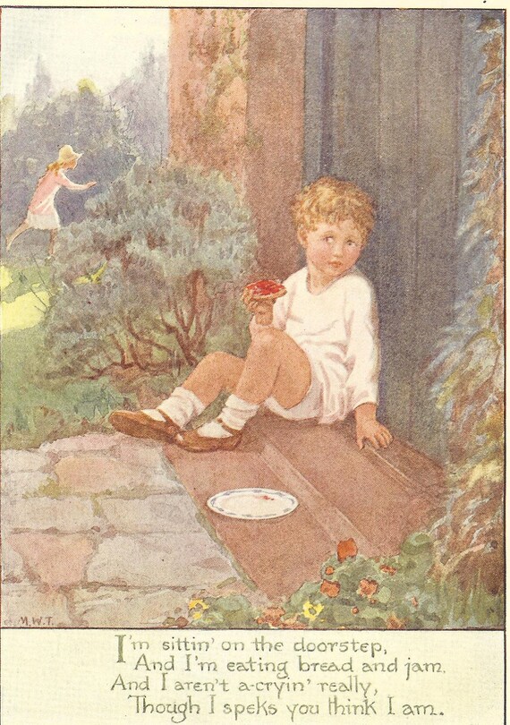 Vintage 1920's Margaret Tarrant Children's Print Blonde Hair Young Boy Sitting On Doorstep Eating Bread And Jam Book Plate Book Illustration