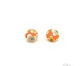 Fab Floating Flowers  - M Fabric Covered Button Earrings Size Medium 3/4" by The Fuzzy Pineapple Bright Orange White Flower Floral Earrings