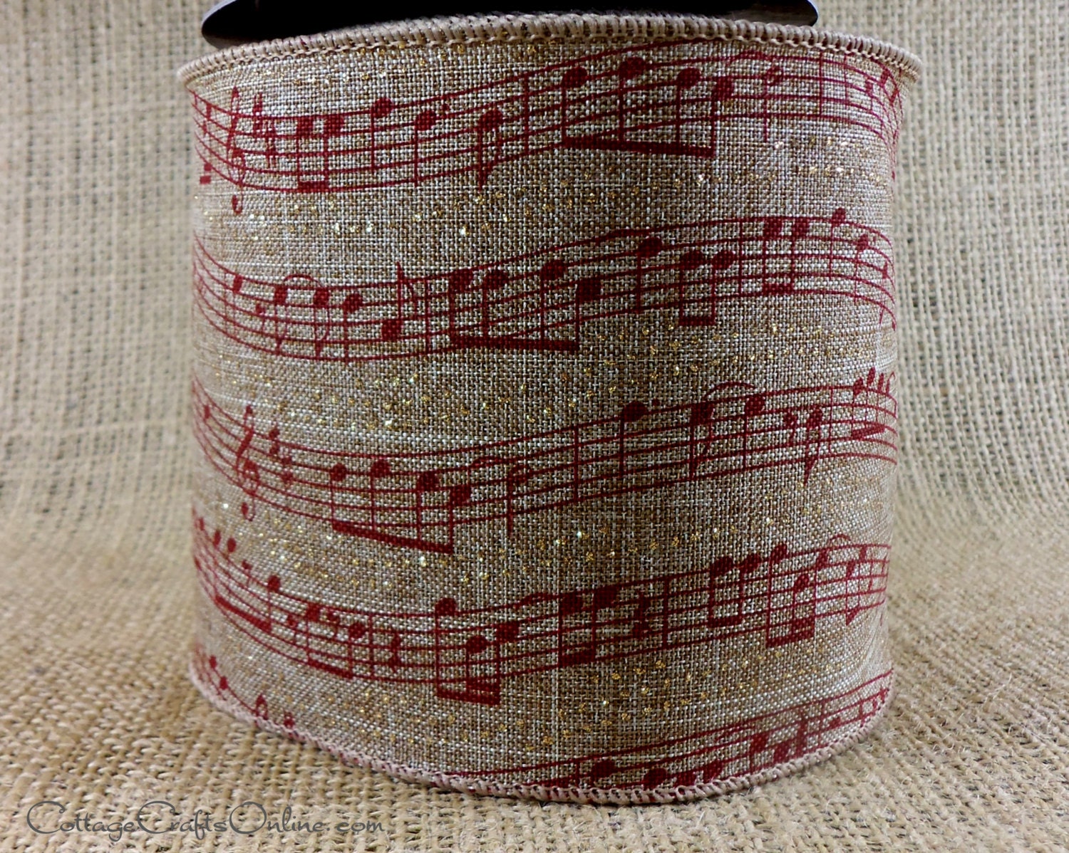 Christmas Wired Ribbon 4 Red Music Notes Gold Glitter