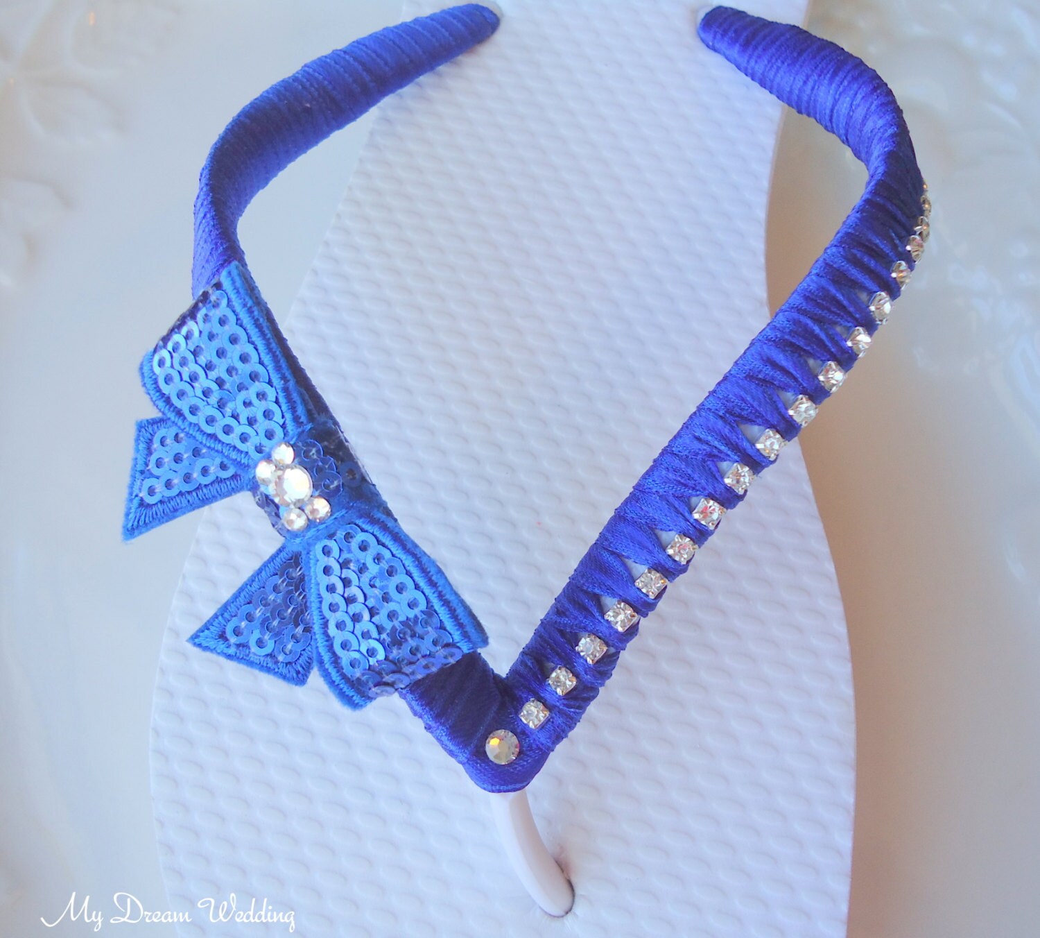 Royal Blue Flip flops.Bow bridal flip flops-Swarovki