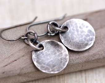 Rustic Sterling Silver Earrings, Hammered Disc Earrings, Hammered EveryDay Earrings, Minimalist Earrings, Circle Earrings, Oxidized