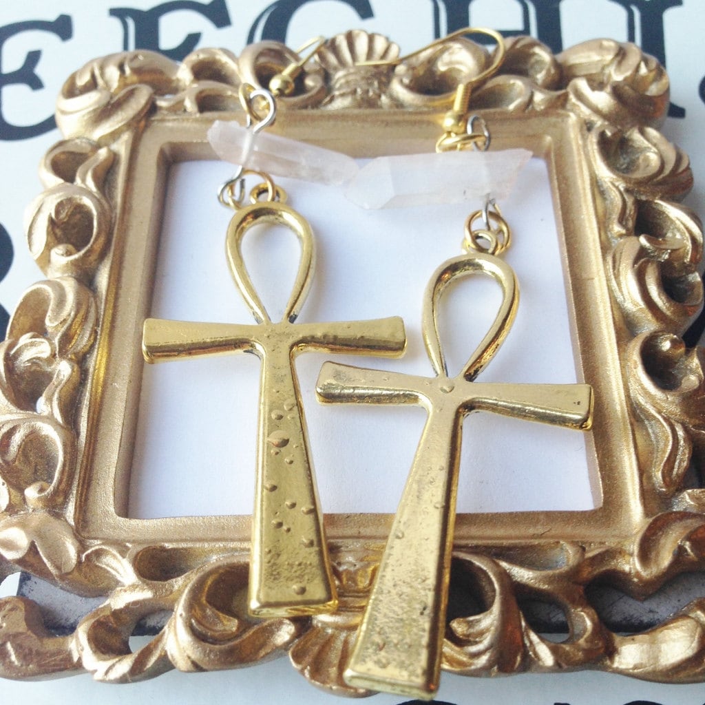 Large Gold Egyptian Ankh Earrings With Quartz Crystal