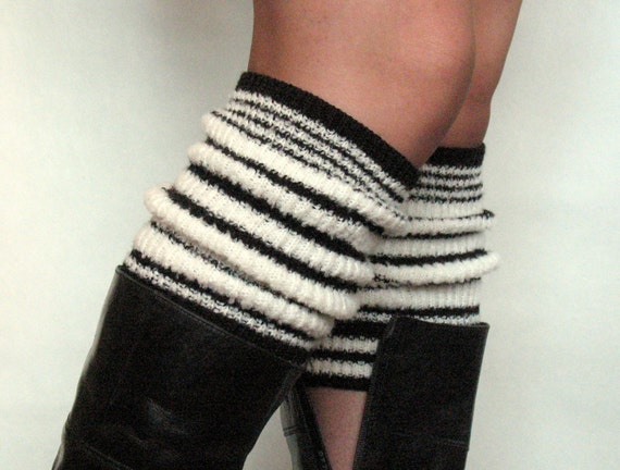 Boot Cuff Boot Toppers Leg Warmers Boot Socks Cable Striped Black White Multicolored