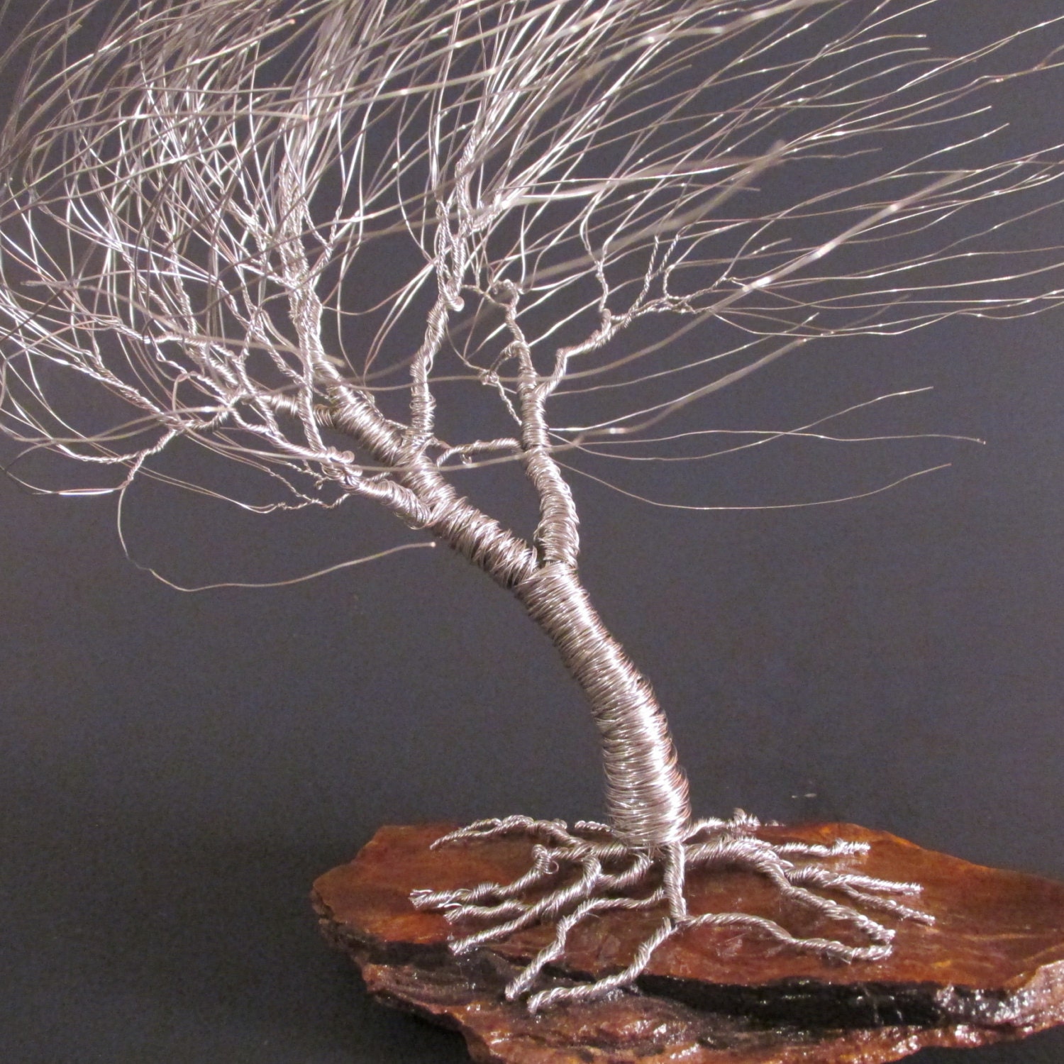Silver Wire Tree Sculpture of Windswept Willow