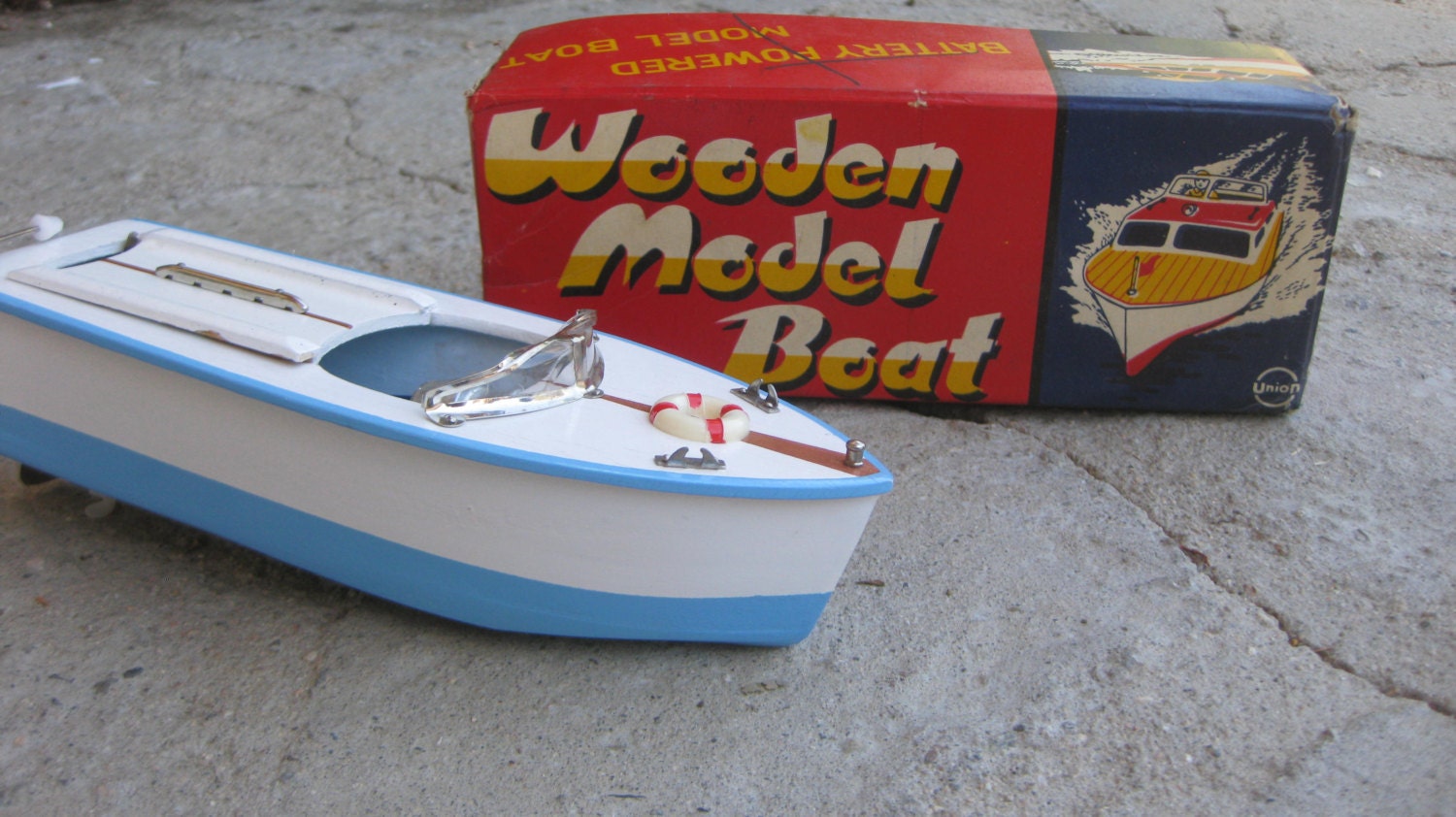 Vintage Union Wooden Battery Powered Model Boat / Original Box