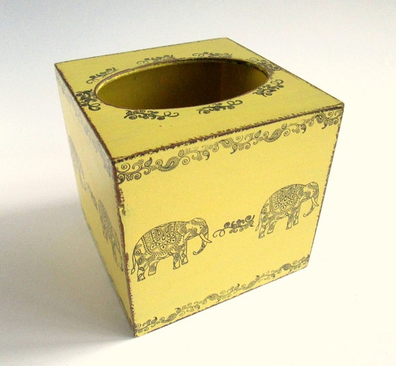 Wood Tissue/ Kleenex Box Cover in Yellow with Indian Elephant