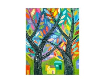 spring trees BRAIDED LIVES word art 8x10 PRINT Folk Art landscape by Elizabeth Rosen