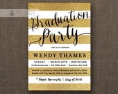 Gold & Black Graduation Party Invitation Gold Glitter Horizontal Stripes Modern Black Script Bachelorette DIY Digital or Printed- Wendy Il_170x135