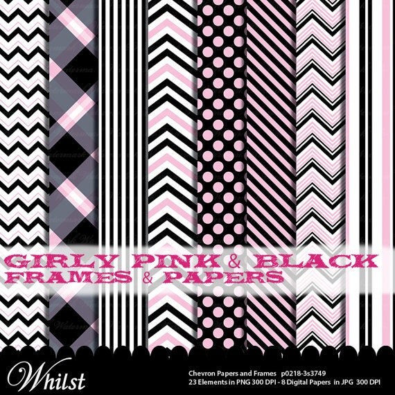Pink and Black clip art chevron frames digital paper clipart, Chevron clipart pink and black digital paper set : p0218 3s3749 IP Il_570xn