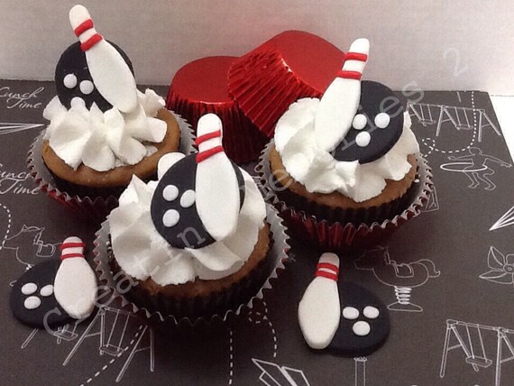 BOWLING FONDANT Cupcake cake or cookie Toppers. Bowling Pin