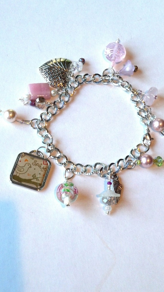 Wide Link Silver Charm Bracelet Feminine Pink Charm by Chersgifts