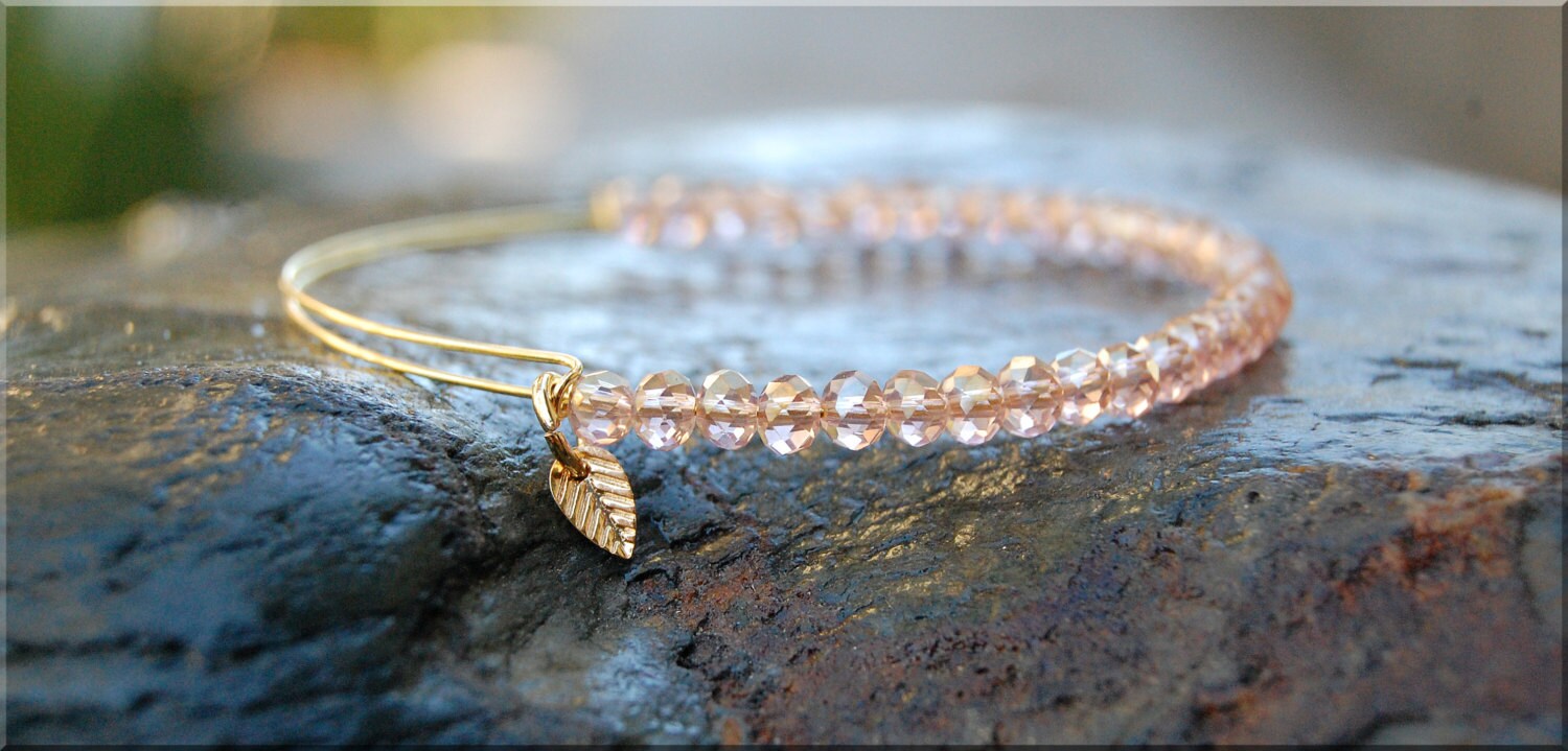 Pale Pink Beaded Bangle bracelet Adjustable by thewrappedpixie