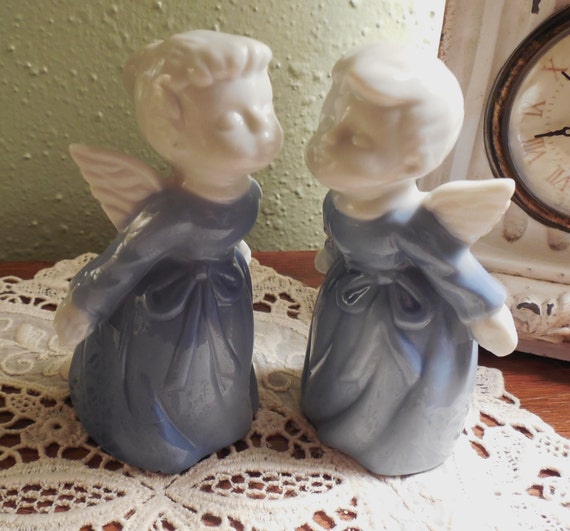 Set of 2 Vintage Porcelain Angel Figurines KISSING Blue