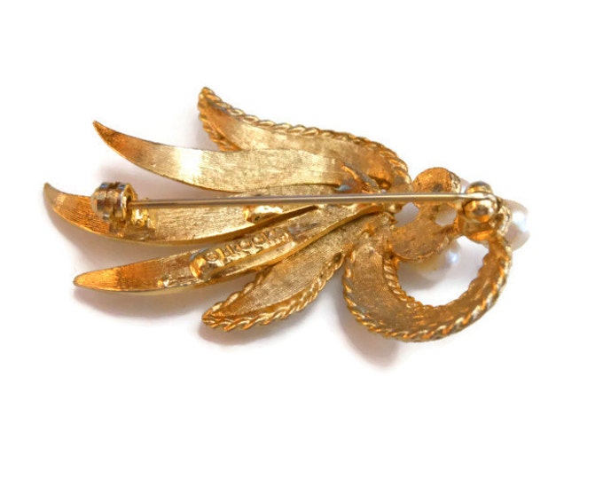 FREE SHIPPING Brooks leaf brooch, three pearl design brushed and satin brooch, gold plate