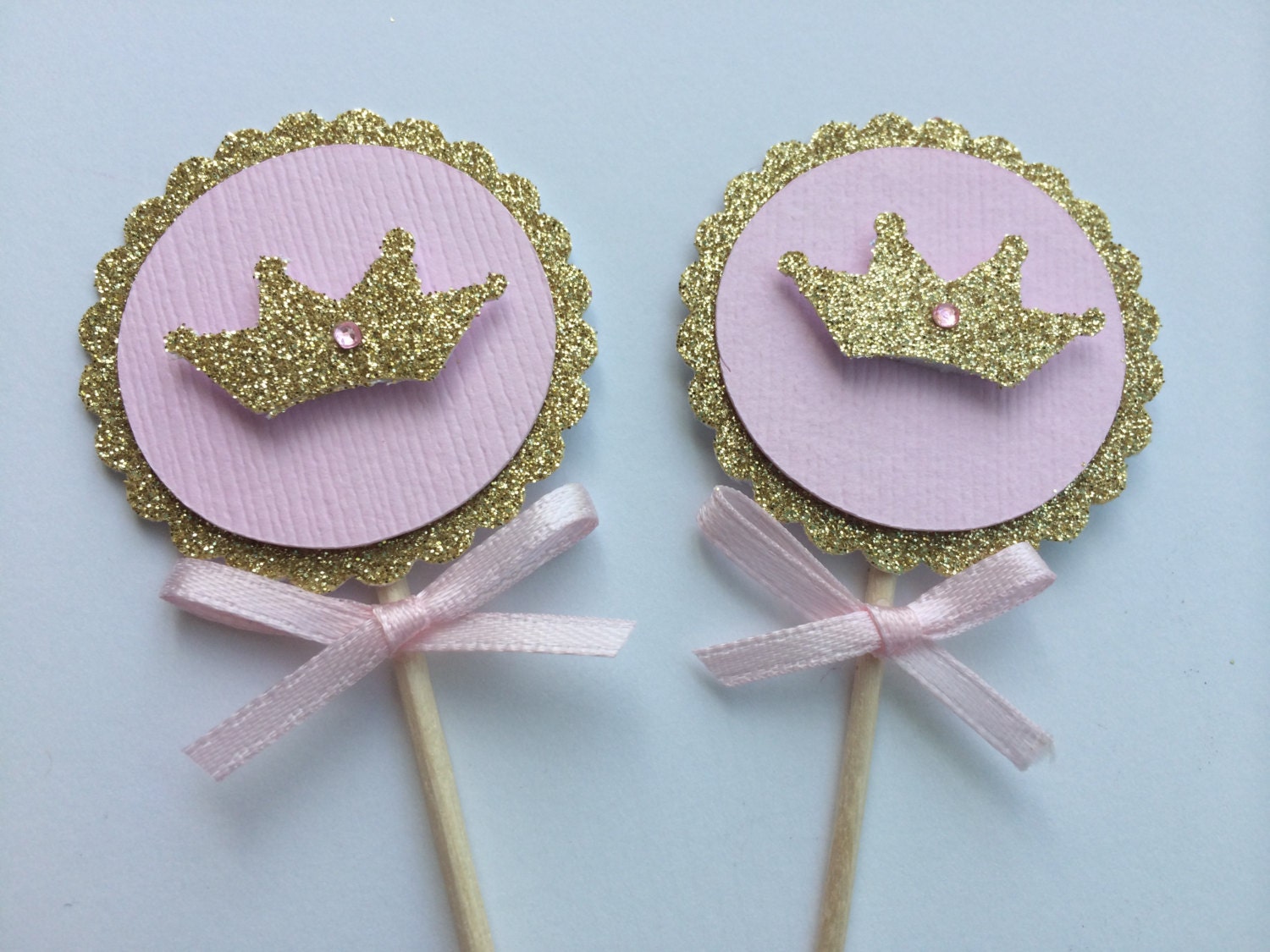 20 PINK and GOLD Tiara Cupcake Topper. Satin Bow. Pink