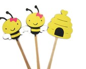 Set of 12 Bees and Beehive with Bows Cupcake Toppers - Bee Mine, Happy Beeday,Girl Bee, Gender Reveal, Bee Parties, Mother to Bee Il_170x135