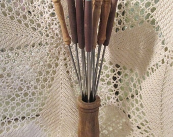 Vintage Wood Handle Fondue Forks With Holder