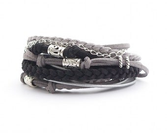 Black Gray Bohemian Bracelet, Silver Gray Black Wrap Boho Bracelet, Men's Leather Bracelet, Bohemian Jewelry, gift for him, gift for her