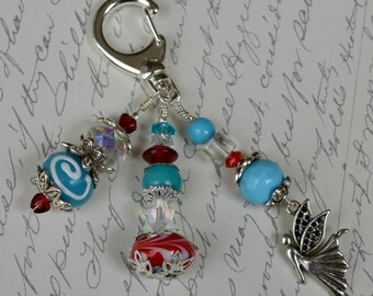 Blue and Red Beaded Clip with Angel Charm
