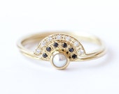 Pearl Engagement Ring Bridal Set - Alternative Engagement Ring - Double Crown Wedding Set - 18k Gold