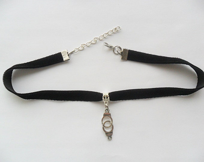 Velvet choker necklace with handcuff charm and a width of 3/8”Black Ribbon Choker Necklace(pick your neck size)