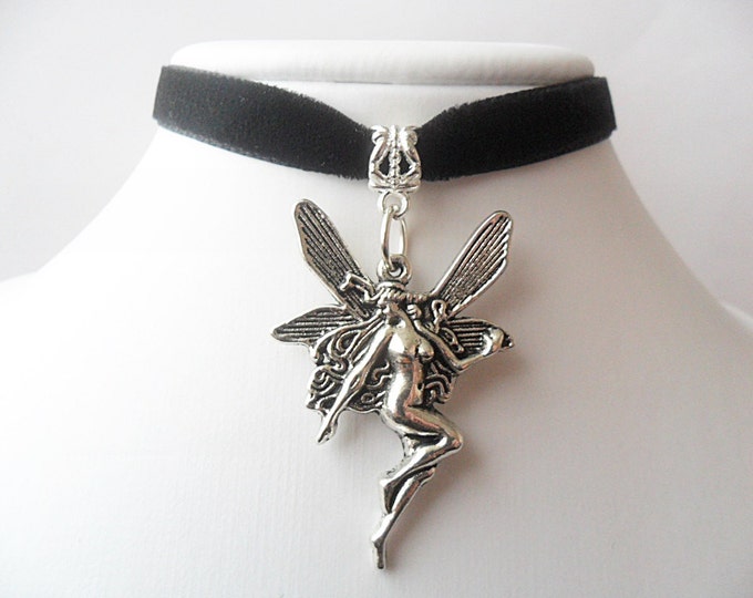Fairy with wings black velvet choker necklace/ angel with wings pendant