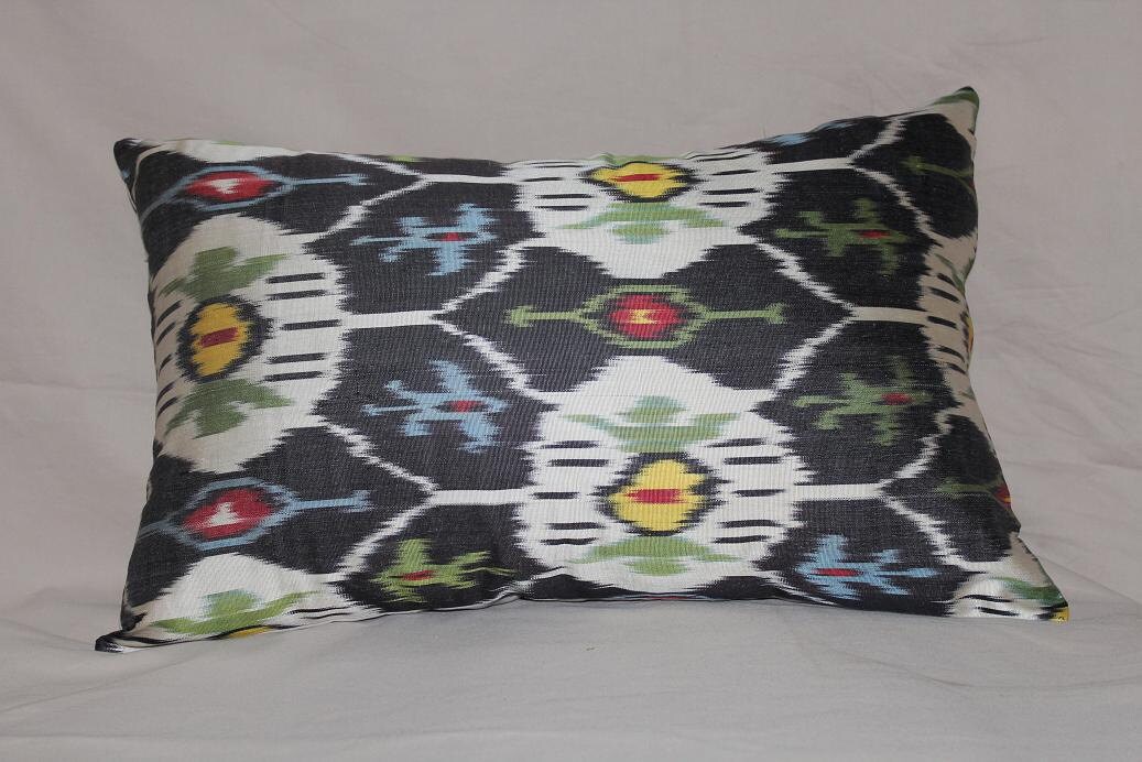 Handmade Silk Ikat Pillow cover 15 x 22.5 Black by TEXTILEGALLERY