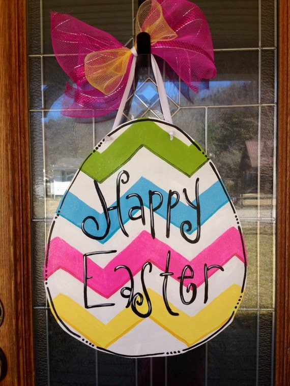 Easter Holiday Door Hanger Mesh Wreth Painted Sign Easter