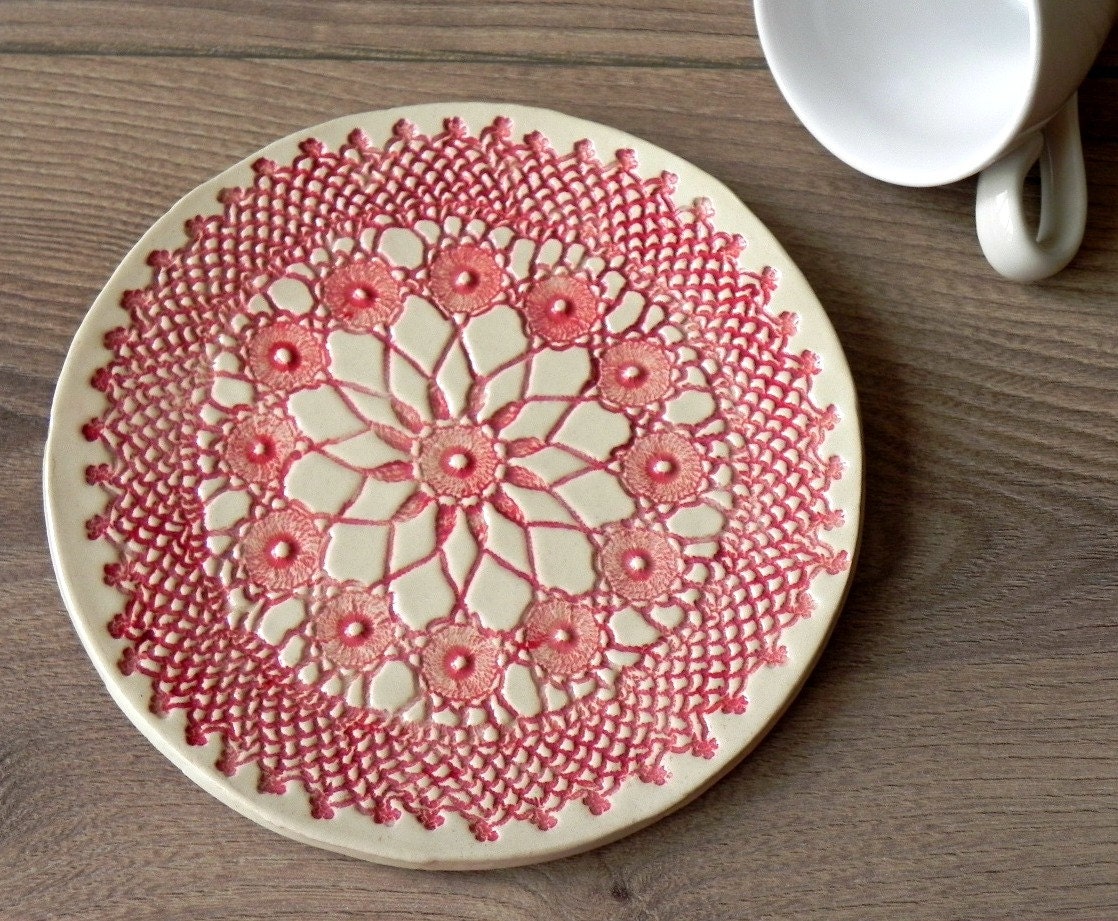 Rustic Ceramic Plate Red Lace Dessert Plate Unique Serving