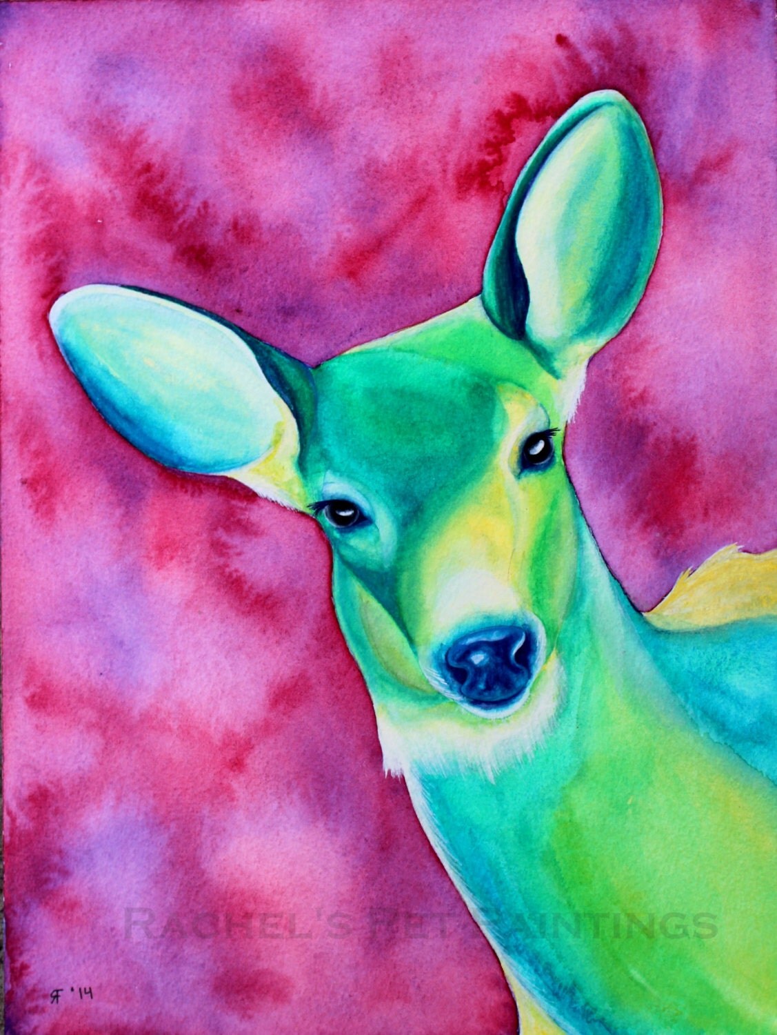 Green Deer Art Original Painting Watercolor Painting Doe