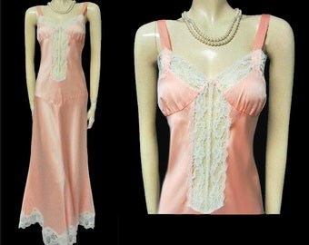 Vintage Satin Lace Bias Cut Nightgown Southern Peach 60s nightgown designer nightgown vintage nightgown satin nightgown bridal nightgown