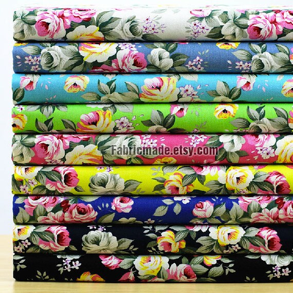 Shabby Chic Rose Flower Cotton Fabric Denim Stretch by fabricmade